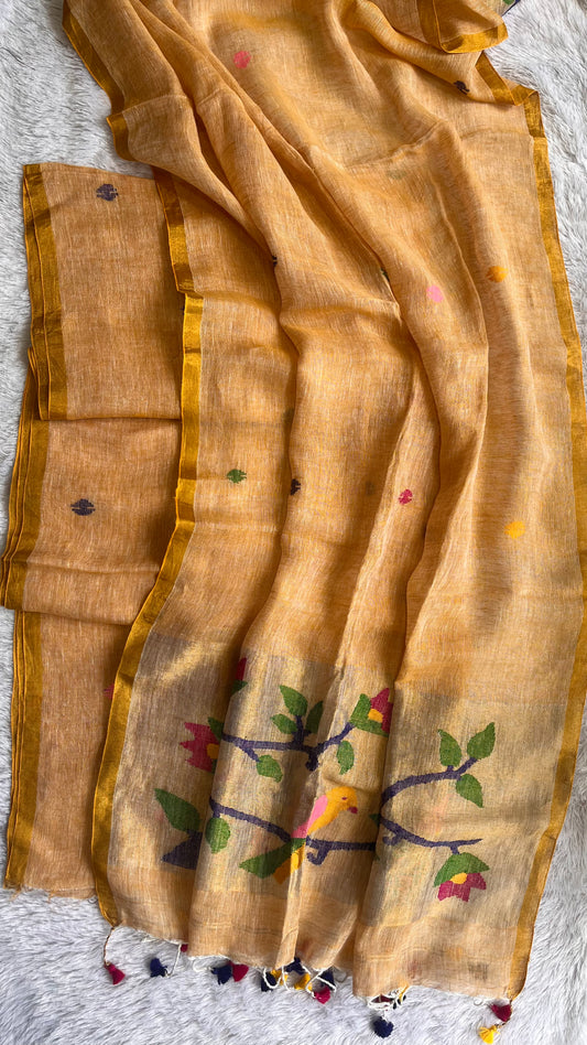 Peachfuzz Paithani Unstitched Pure Linen on Linen Hand Woven Daman 2 pc Suit Set