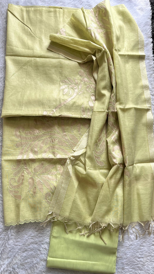 Green Shade Banarasi Tissue Linen 3-Piece Suit with All over Applique Work on Daman and Dupatta