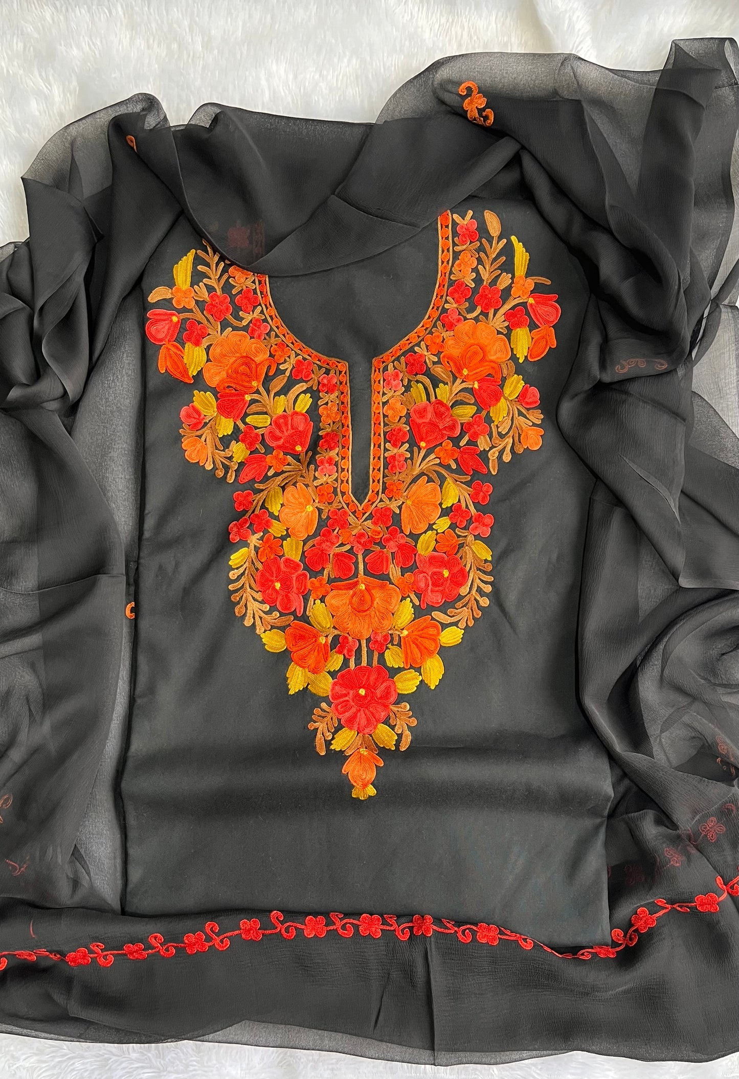 Midnight Black Muslin Cotton Kashmiri Aari Embroidered 3pc Suit Set