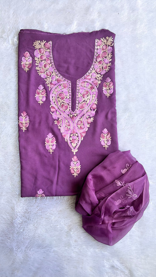 Lavender with Matching Threadwork Muslin Cotton Kashmiri Aari Full Embroidered 3pc Suit Set