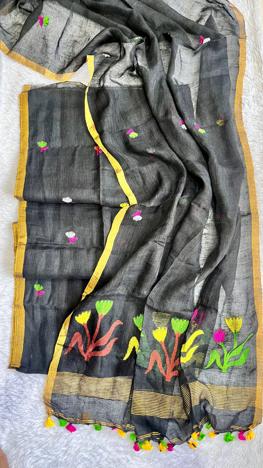 Magnetic Black Shade Pure Linen on Linen Hand Woven Suit Set with Floral Daman and Tassels