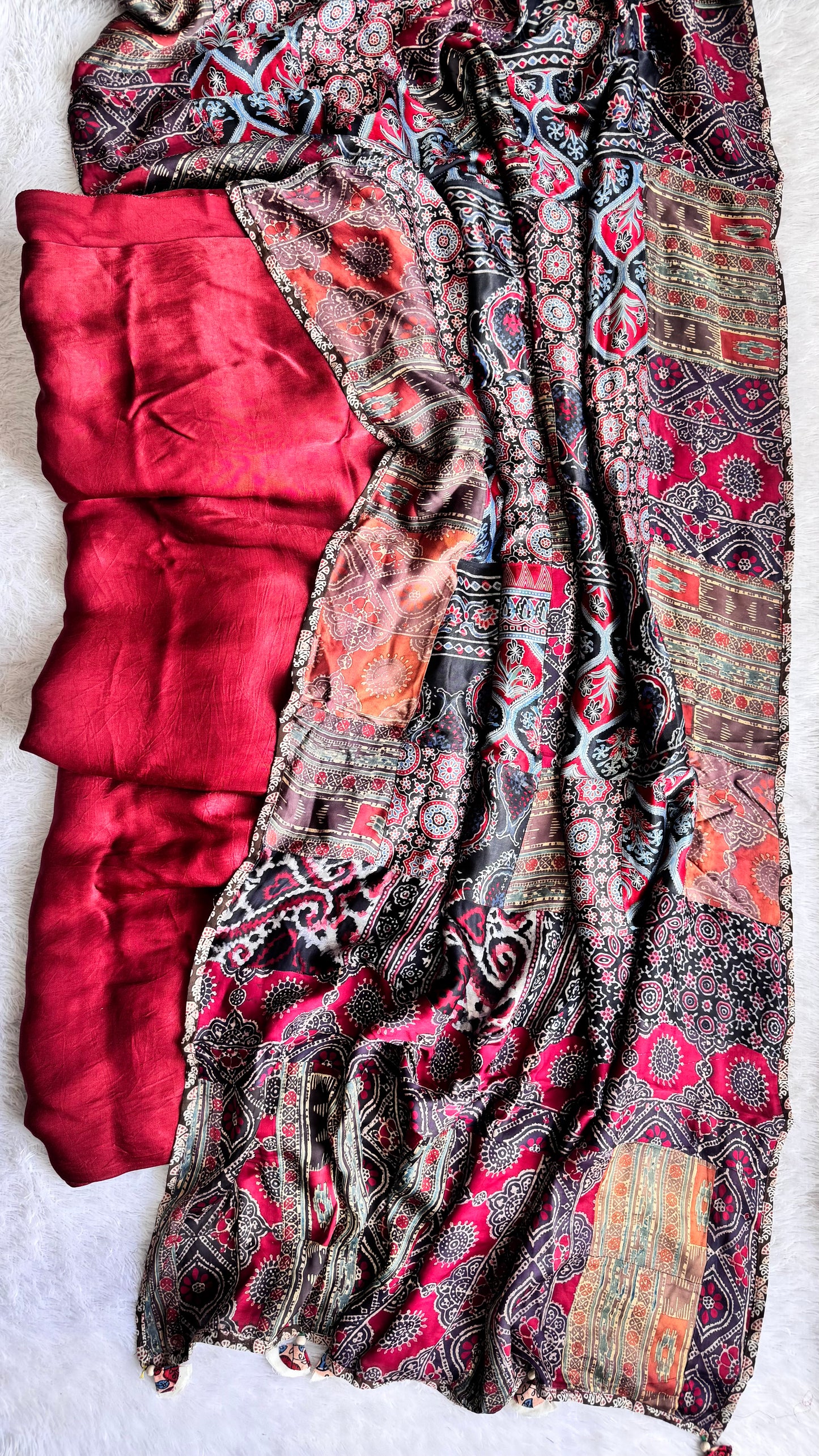 Maroon Solid Shade Modal Silk Ajrakh Hand Block Print 2pc Suit Material Set with Applique Work Dupatta