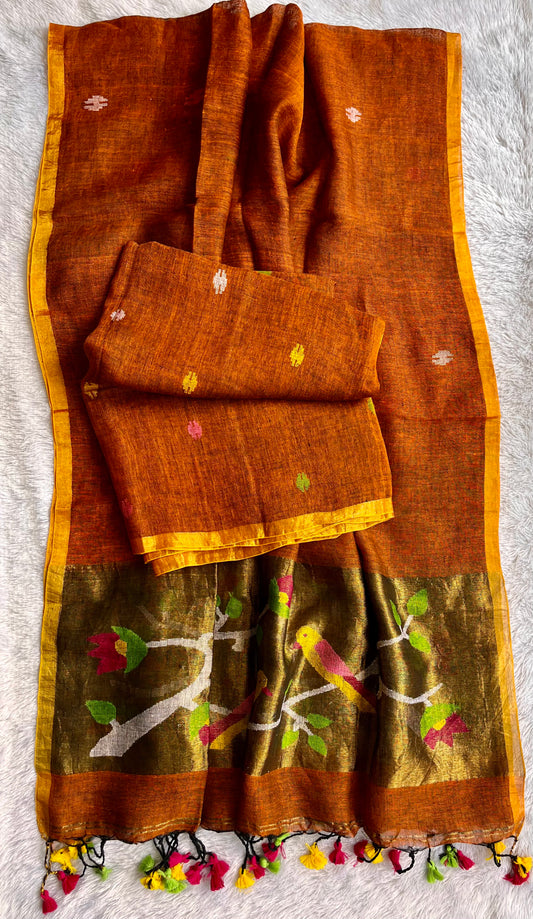 Cocoa Brown Paithani Unstitched Pure Linen on Linen Hand Woven Daman 2 pc Suit Set
