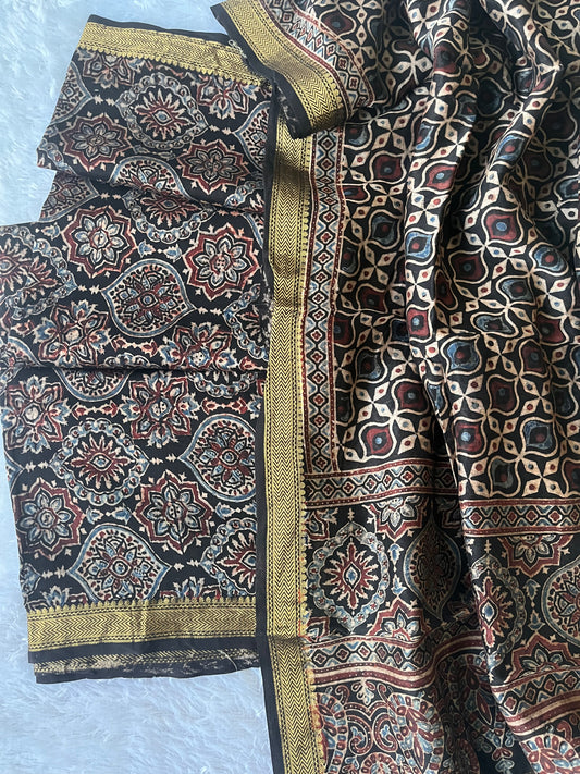 Black Badaam Buta Motif Ajrakh Hand Block Print Chanderi Silk Suit Material