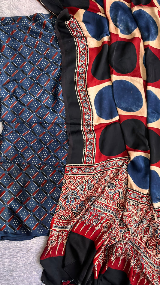 Blue Shade Modal Silk Ajrakh Hand Block Print 2pc Suit Material Set with Modal Silk Dupatta