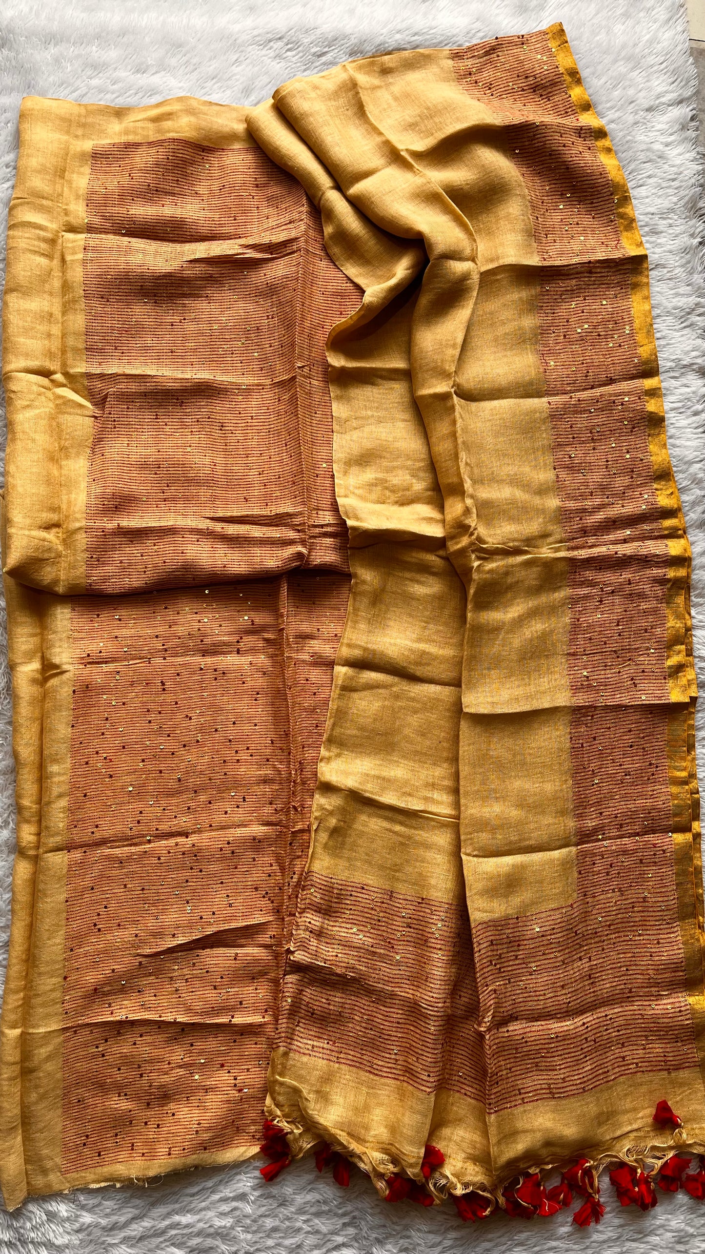 Badaami Pure Linen on Linen Hand Woven Suit Set with Sequins Work and Tassels