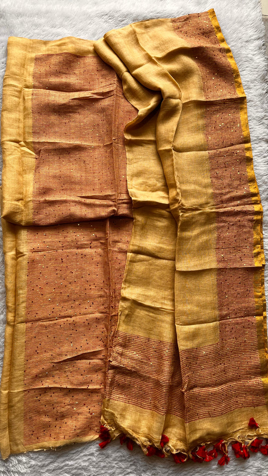 Badaami Pure Linen on Linen Hand Woven Suit Set with Sequins Work and Tassels