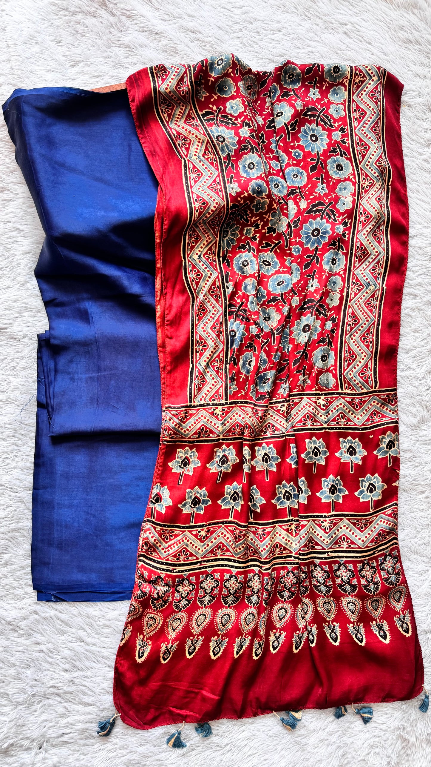 Solid Blue Shade Modal Silk Suit Material with Ajrakh Modal Stole with Tassels