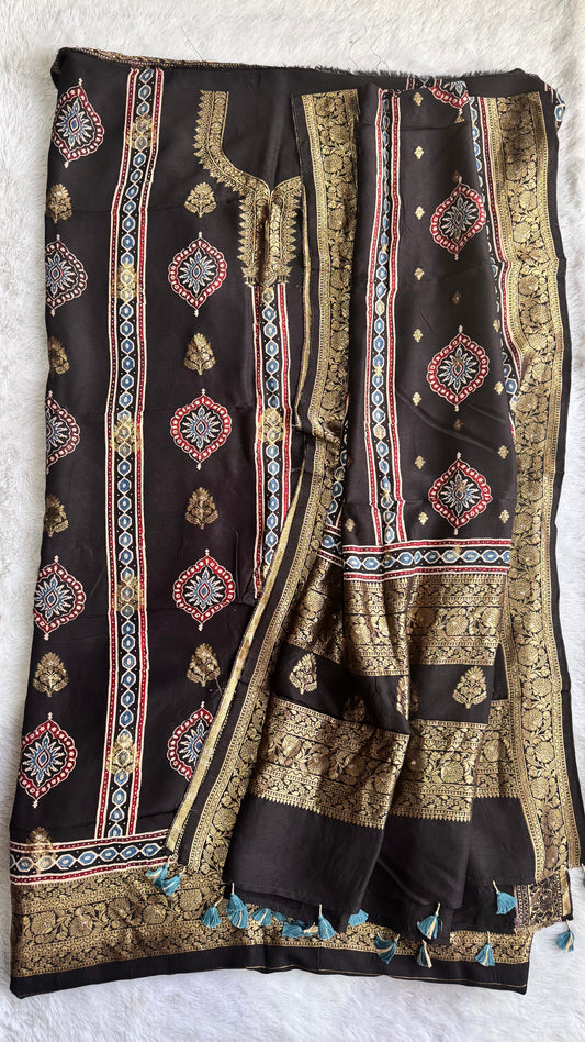 Black Badaam Buta Motif Pure Dola Silk Ajrakh Hand Block Print 2pc Suit Material Set with Zari Yoke and Nakkashi Dupatta