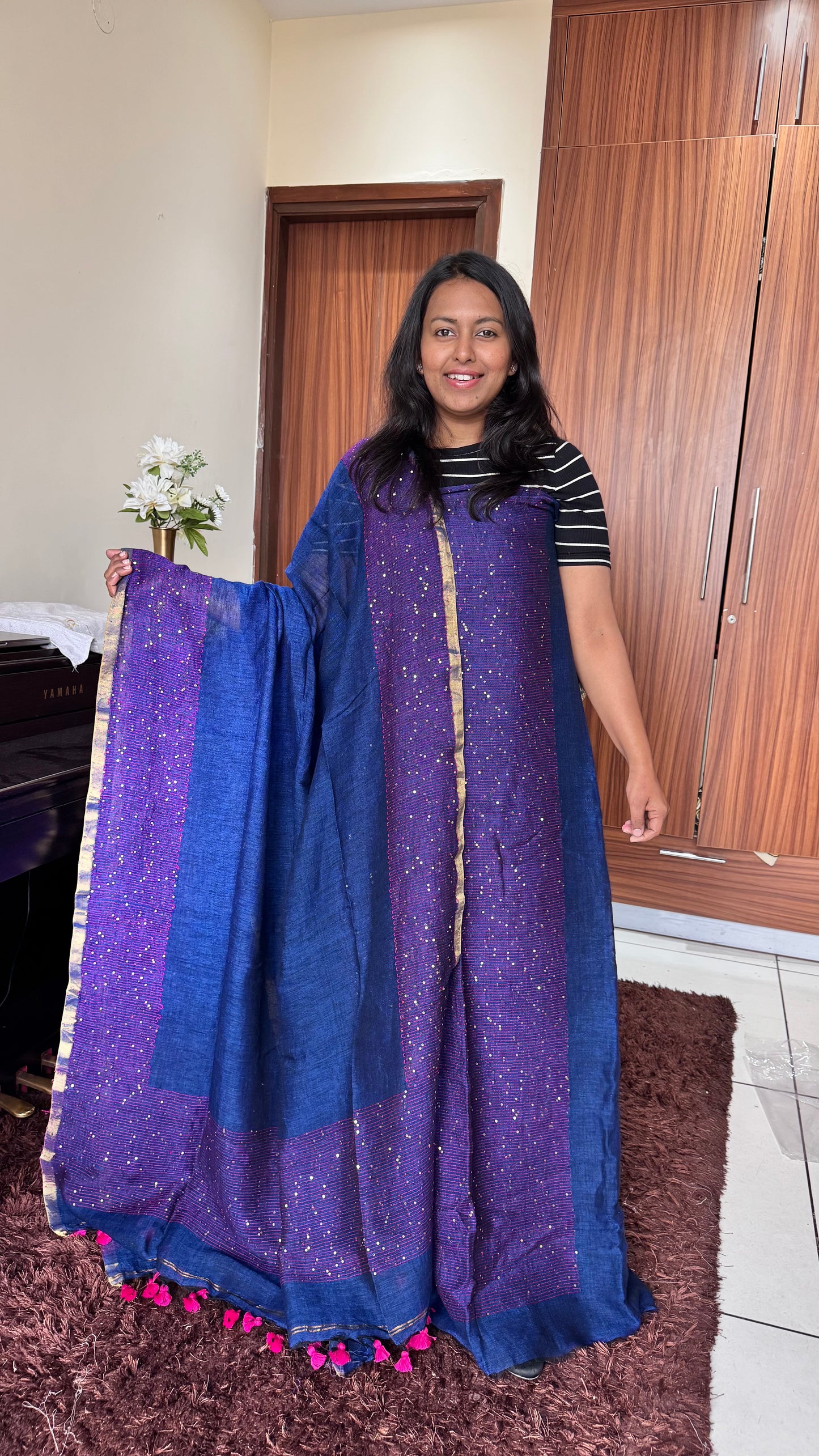 Morpankhi Pure Linen on Linen Hand Woven Suit Set with Sequins Work and Tassels