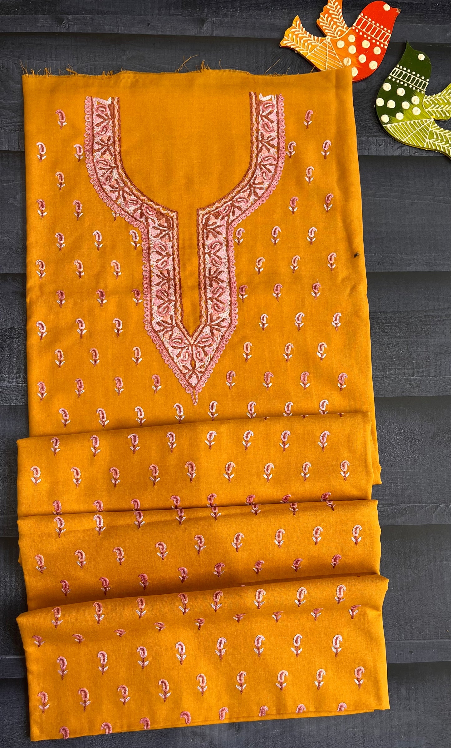 Mustard with Pink Thread work Pure Cotton Kashmiri Aari Embroidered Co Ord 2 pc Set