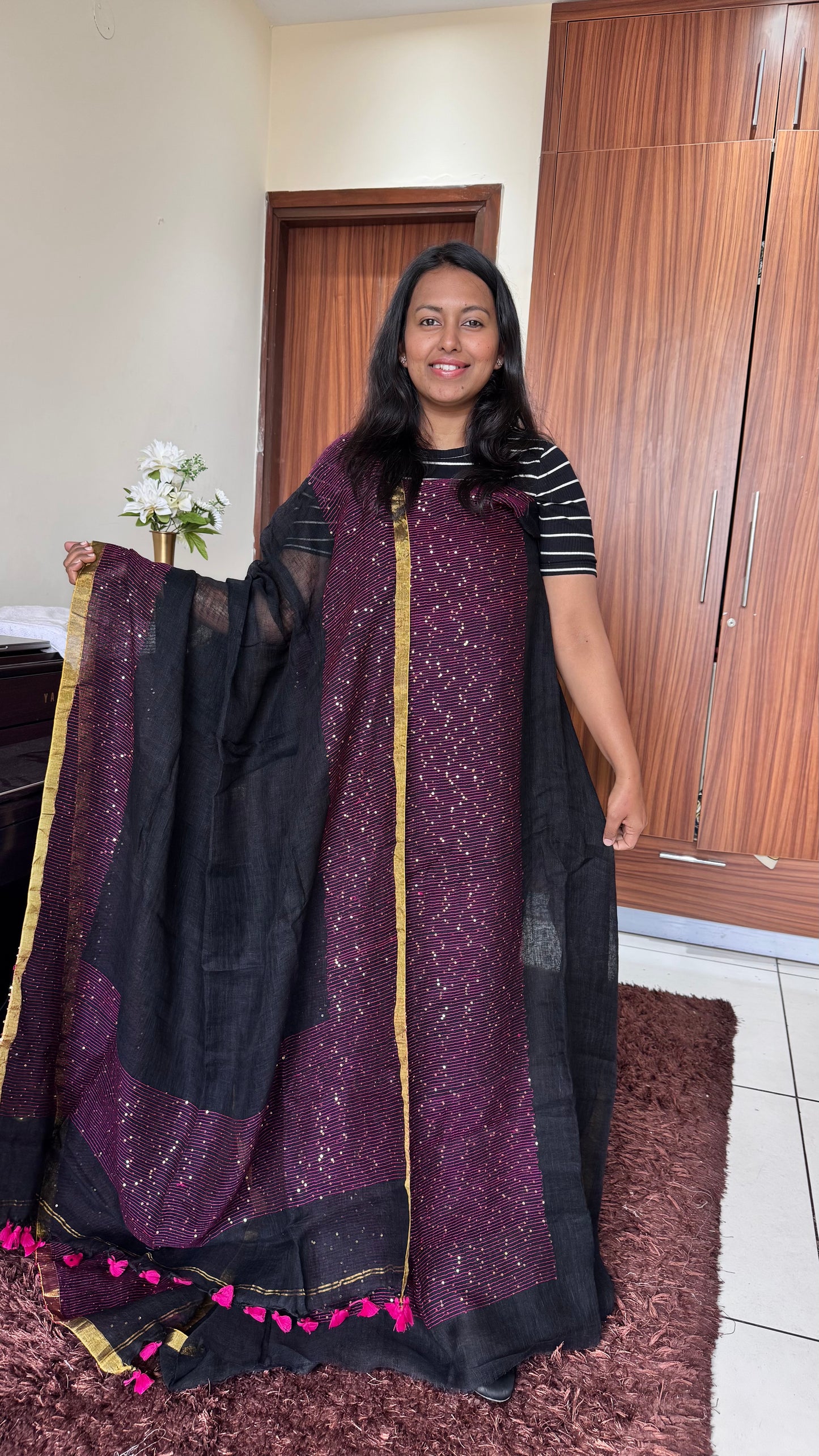 Midnight Black Pure Linen on Linen Hand Woven Suit Set with Sequins Work and Tassels