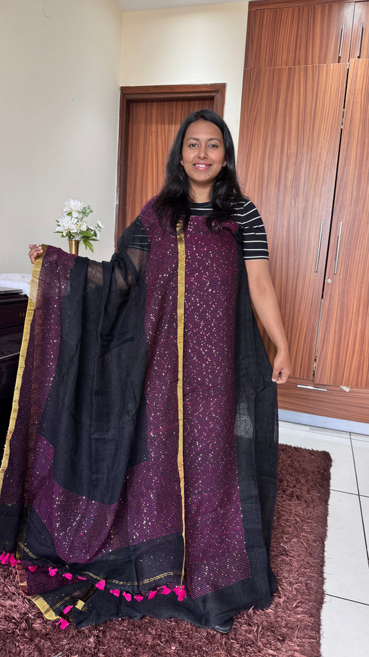 Midnight Black Pure Linen on Linen Hand Woven Suit Set with Sequins Work and Tassels