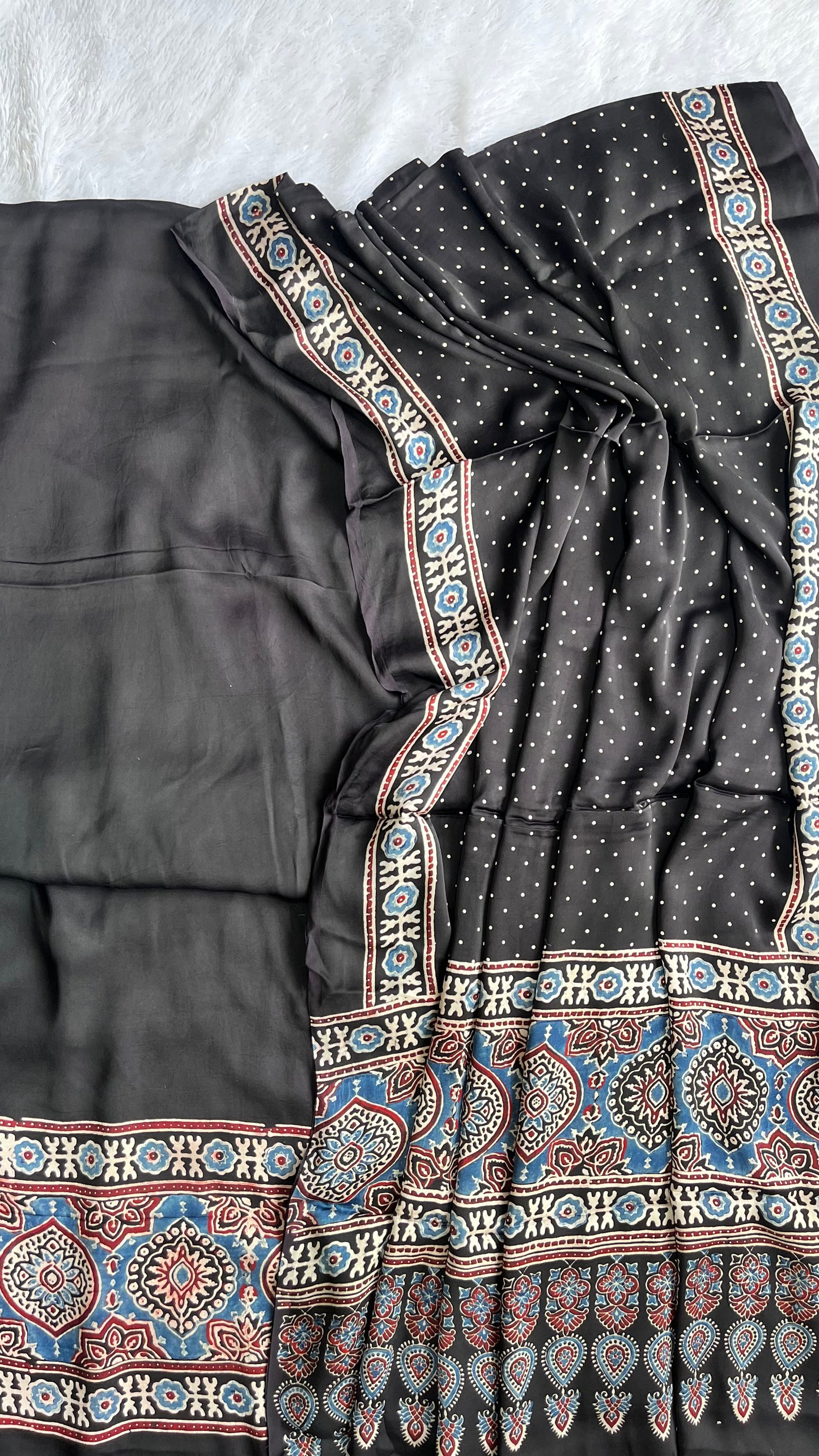 Black Badaam and Polka Buti Motif Modal Silk 2pc Suit Material Set with Modal Silk Dupatta