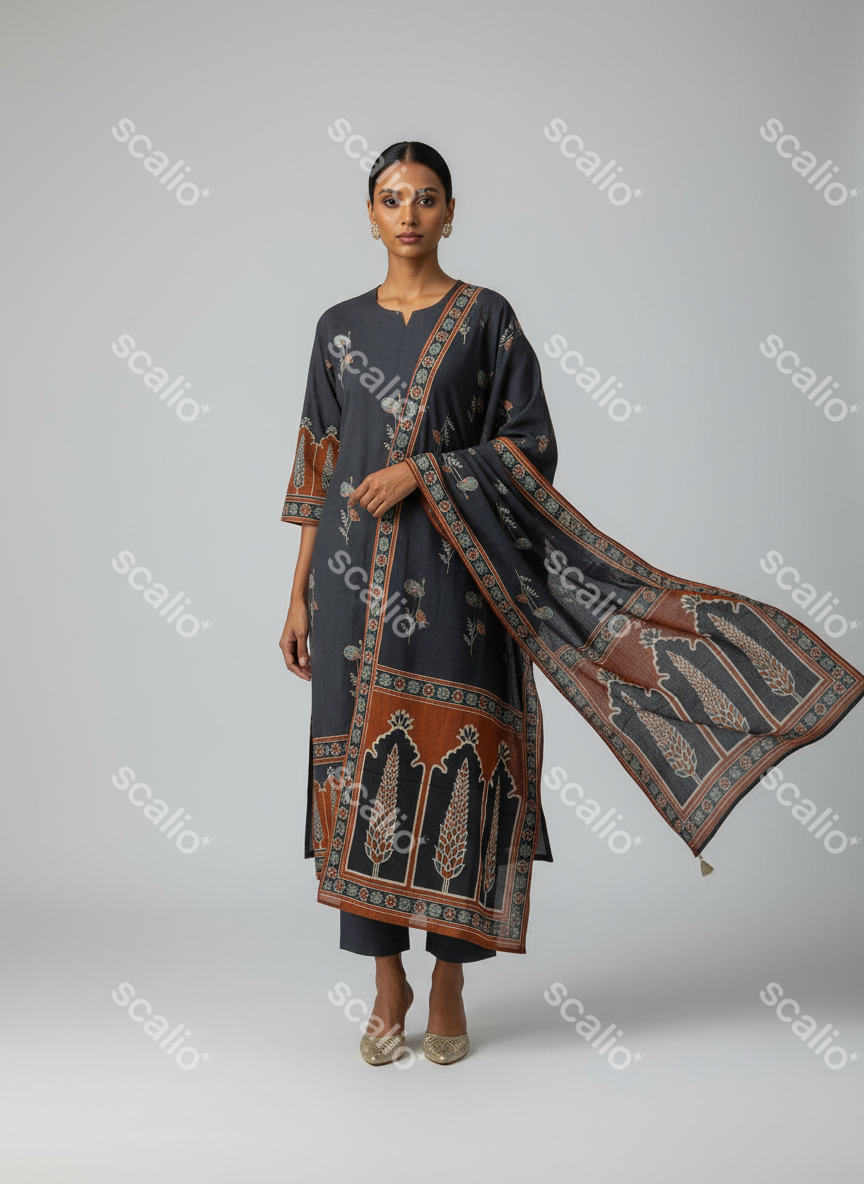 Black Booti and Jharokha Print Pure Cotton Suit Set with Cotton Dupatta