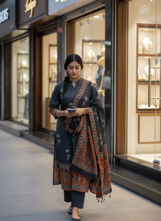 Black Booti and Jharokha Print Pure Cotton Suit Set with Cotton Dupatta