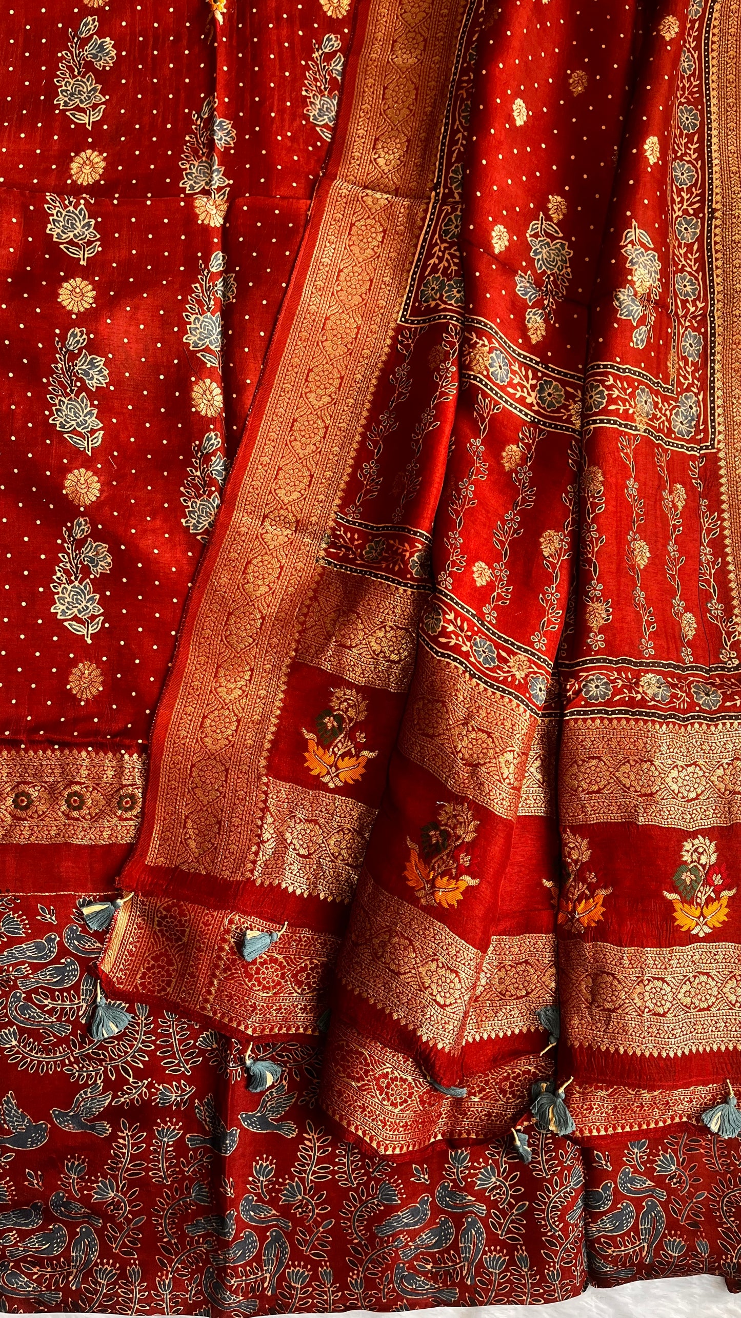 Maroon Shade Mugal Boota Pure Dola Silk Ajrakh Hand Block Print 2pc Suit Material Set with Menakari Yoke and Nakkashi Dupatta