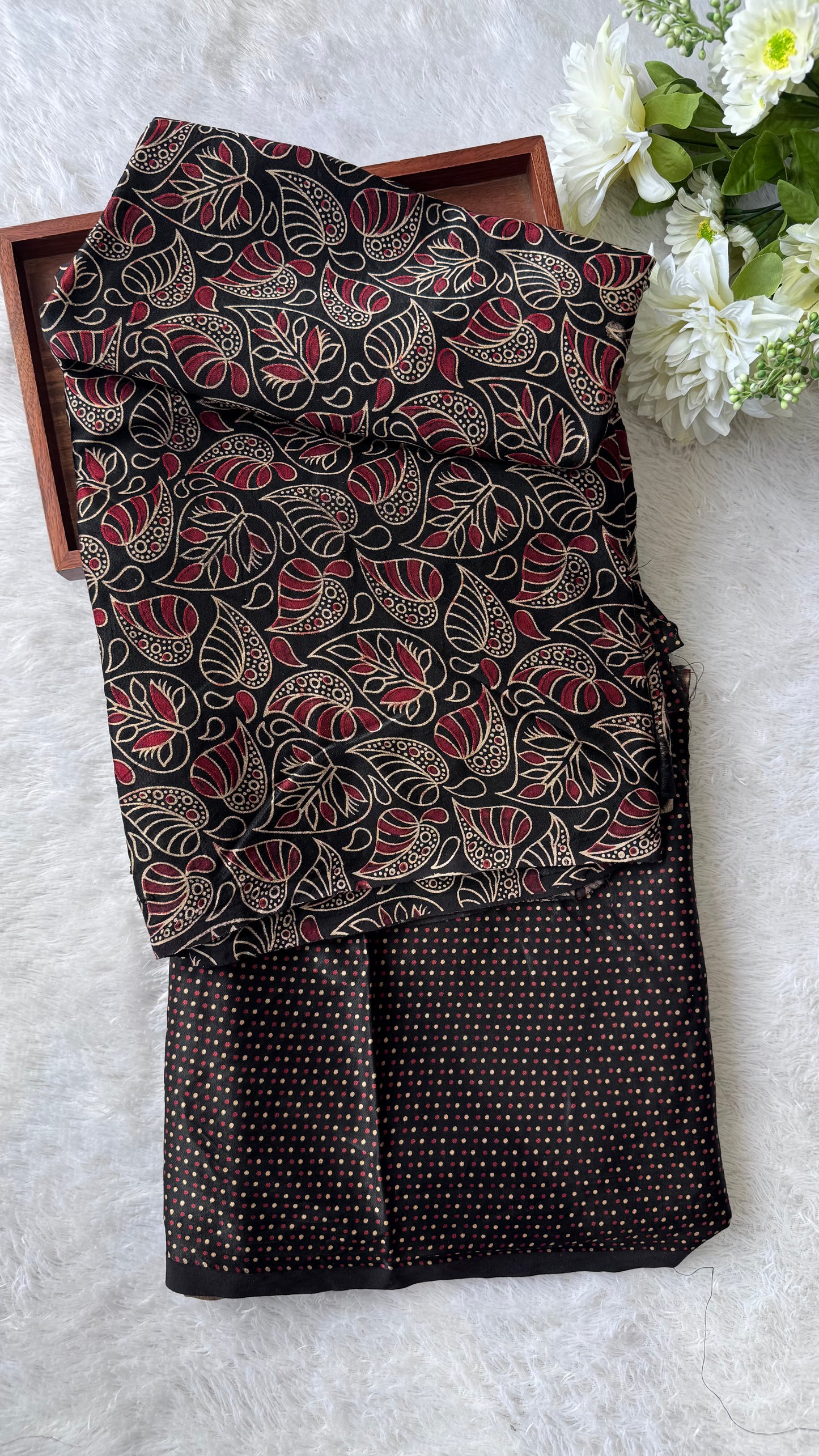 Black and Red Leaf Motif and Asopallav Ajrakh Mashru Silk Kurta Pant Fabric