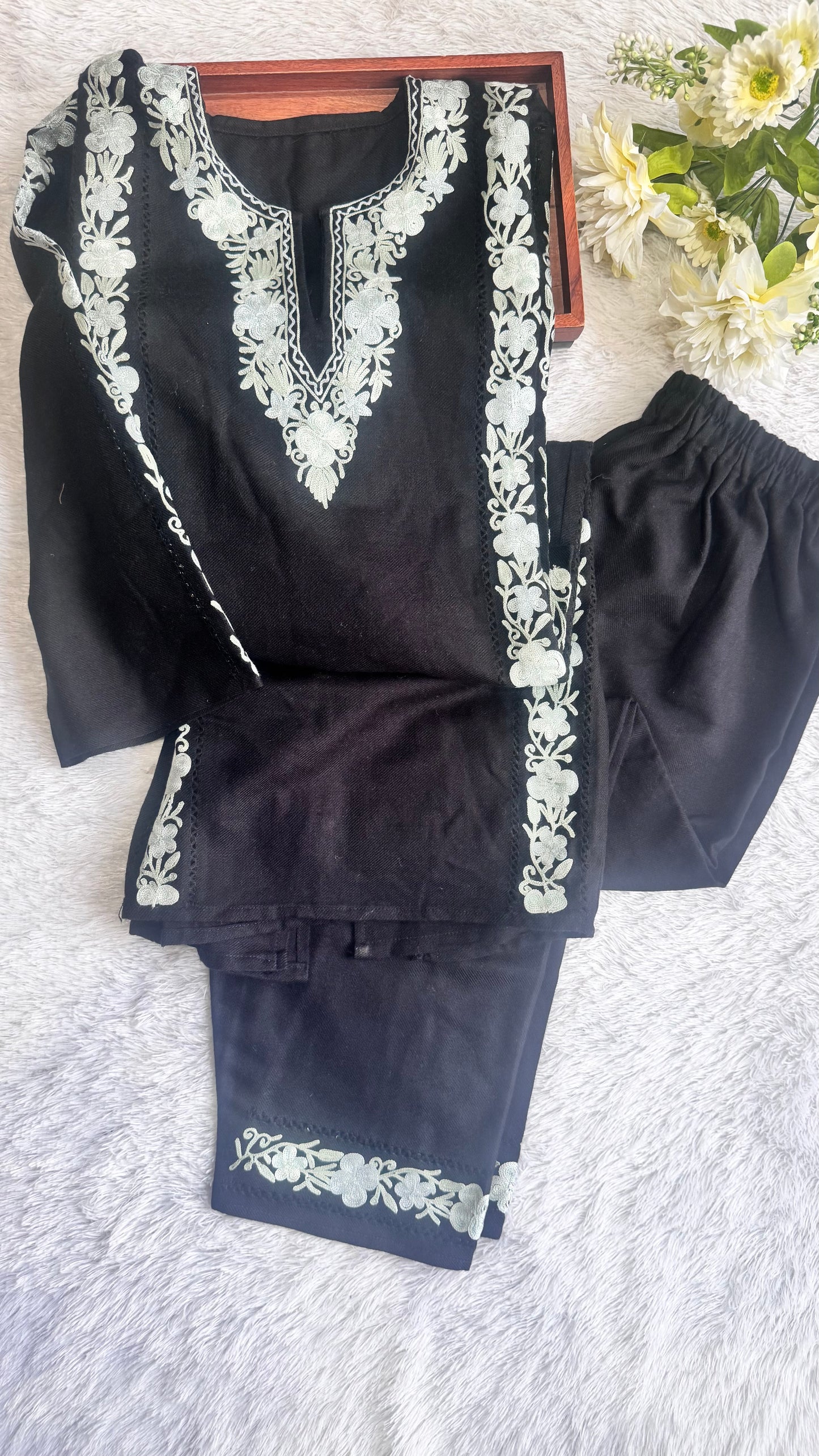 Classic Black Floral Kashmiri Aari Hand Embroidered Woollen Pheran Set with Pockets and Pants