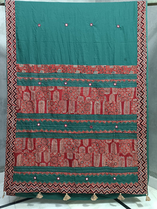 Green and Red Ajrakh Patchwork Cotton Saree with Embroidery and Mirror Work