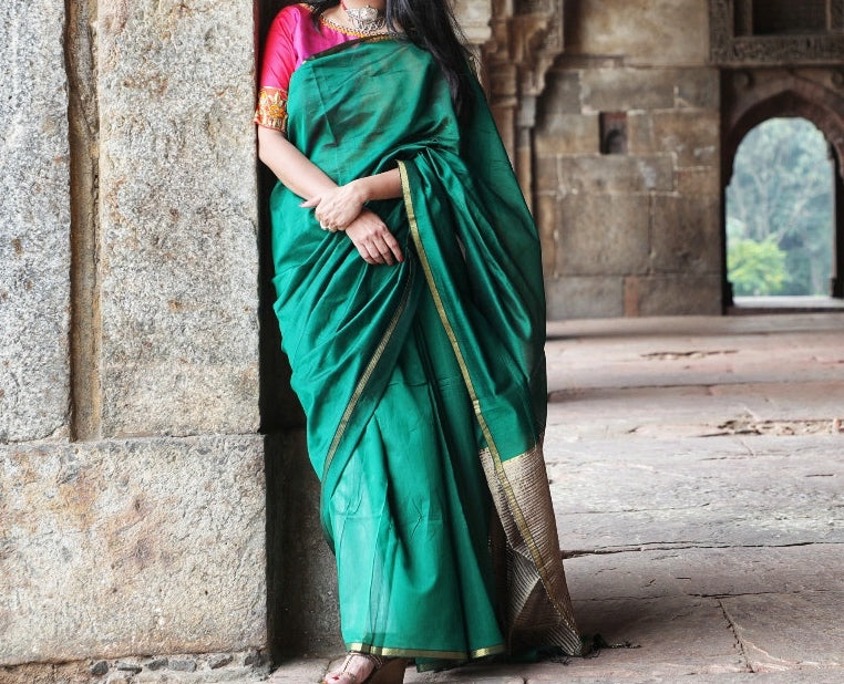 Bottle Green with Gicha Palla Maheshwari Silk Cotton Saree