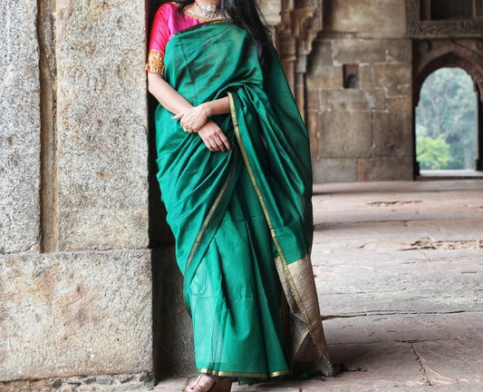 Bottle Green with Gicha Palla Maheshwari Silk Cotton Saree