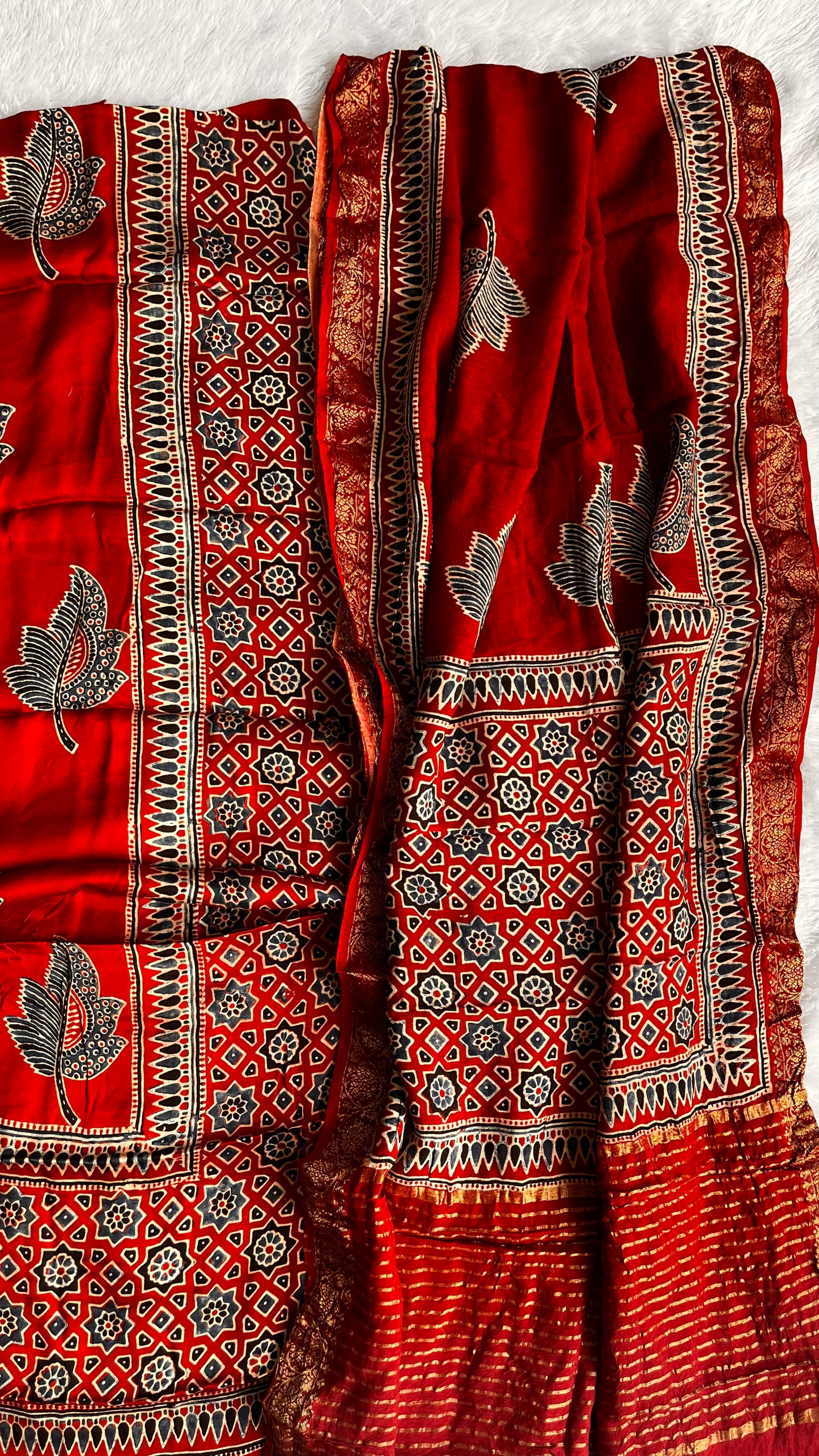 Red Shade Maple Leaf and Jaal Motif Pure Modal Silk Suit Set with Dola Silk Dupatta