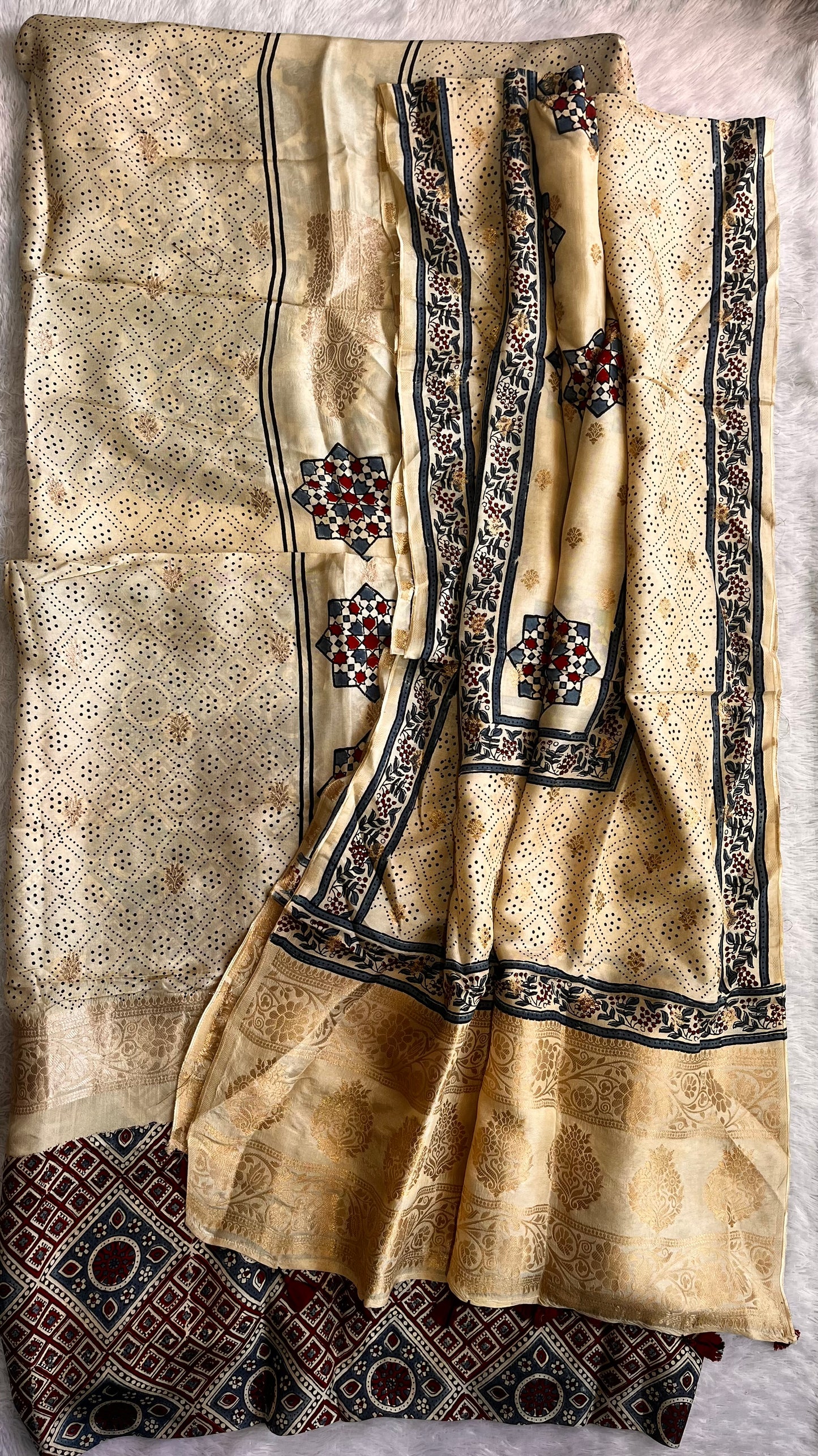 Off White Bareek Boota Pure Dola Silk Ajrakh Hand Block Print 2pc Suit Material Set with Menakari Yoke and Nakkashi Dupatta