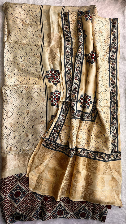 Off White Bareek Boota Pure Dola Silk Ajrakh Hand Block Print 2pc Suit Material Set with Menakari Yoke and Nakkashi Dupatta