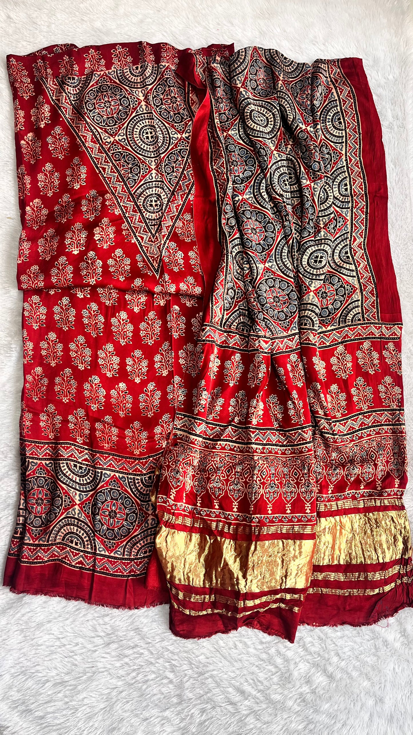 Red Mugal Buta Print Modal Silk Ajrakh Natural Dyed Hand Block Suit Set with Lagdi Patti Dupatta