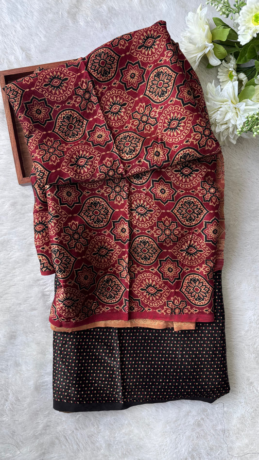 Red Badaam Buta Motif Ajrakh Mashru Silk Kurta Pant Fabric