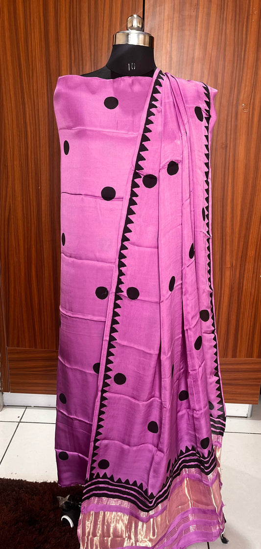 Lavender Polka Motif Pure Modal Silk 2pc Suit Set with Lagdi Patti Dupatta