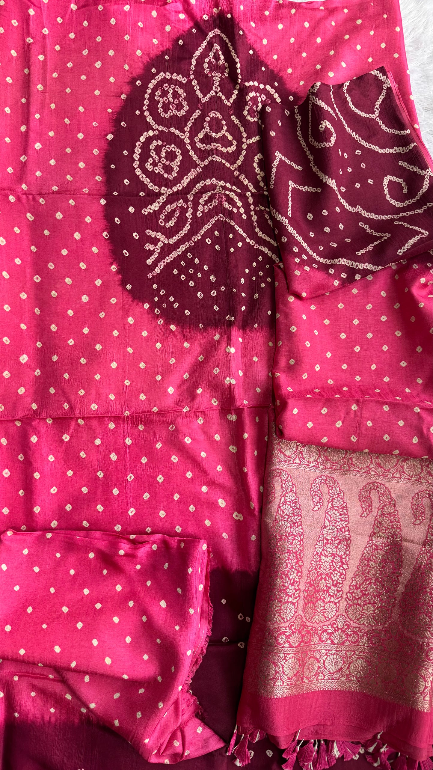 Peach And Maroon Bandhej Pure Dola Silk Ajrakh Hand Block Print 3 pc Suit Material Set with Menakari Yoke and Nakkashi Dupatta and Bottom