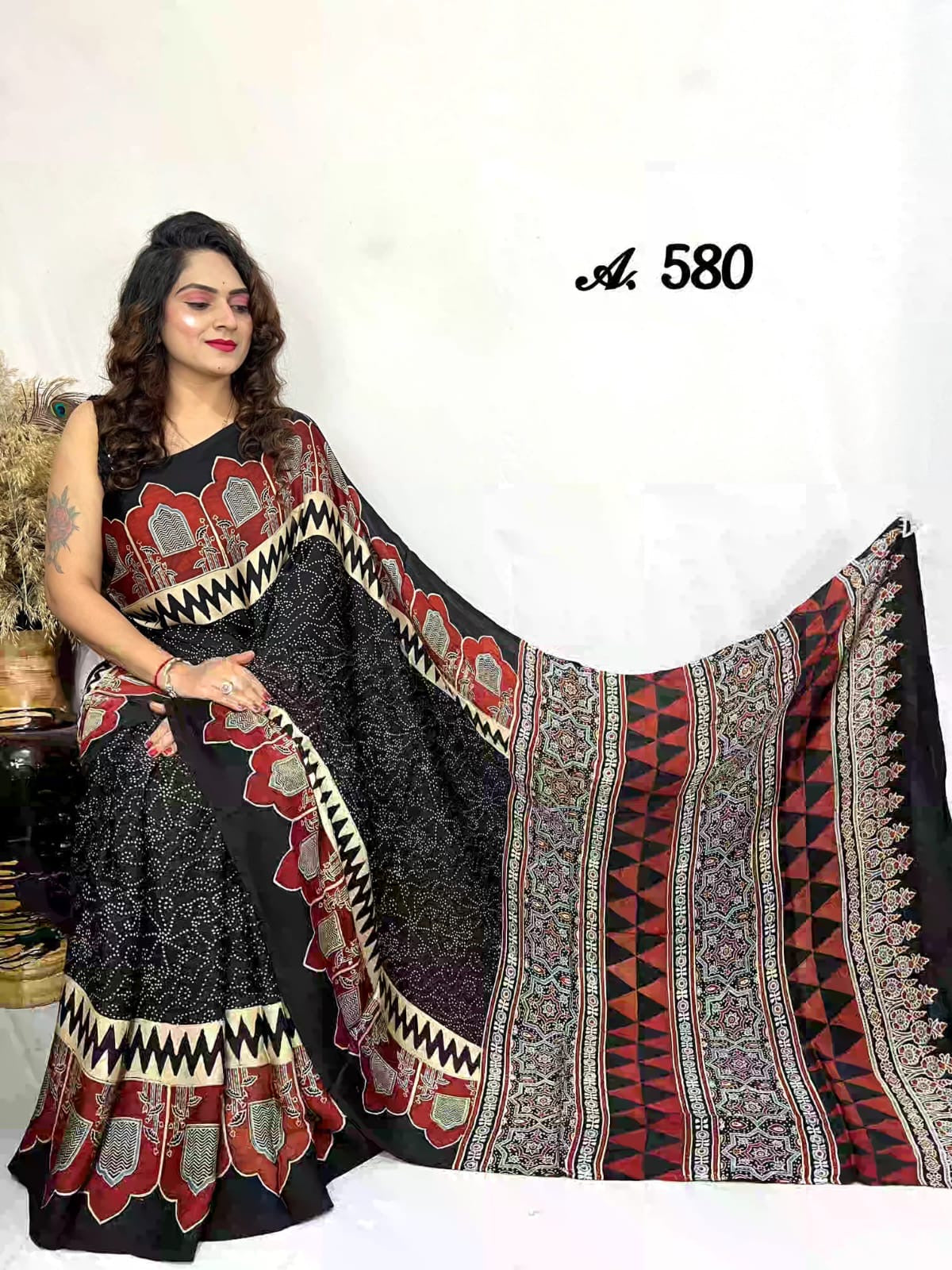 Black Rie Bandhej Jharokha Motif Ajrakh Hand Block Modal Silk Saree With Blouse