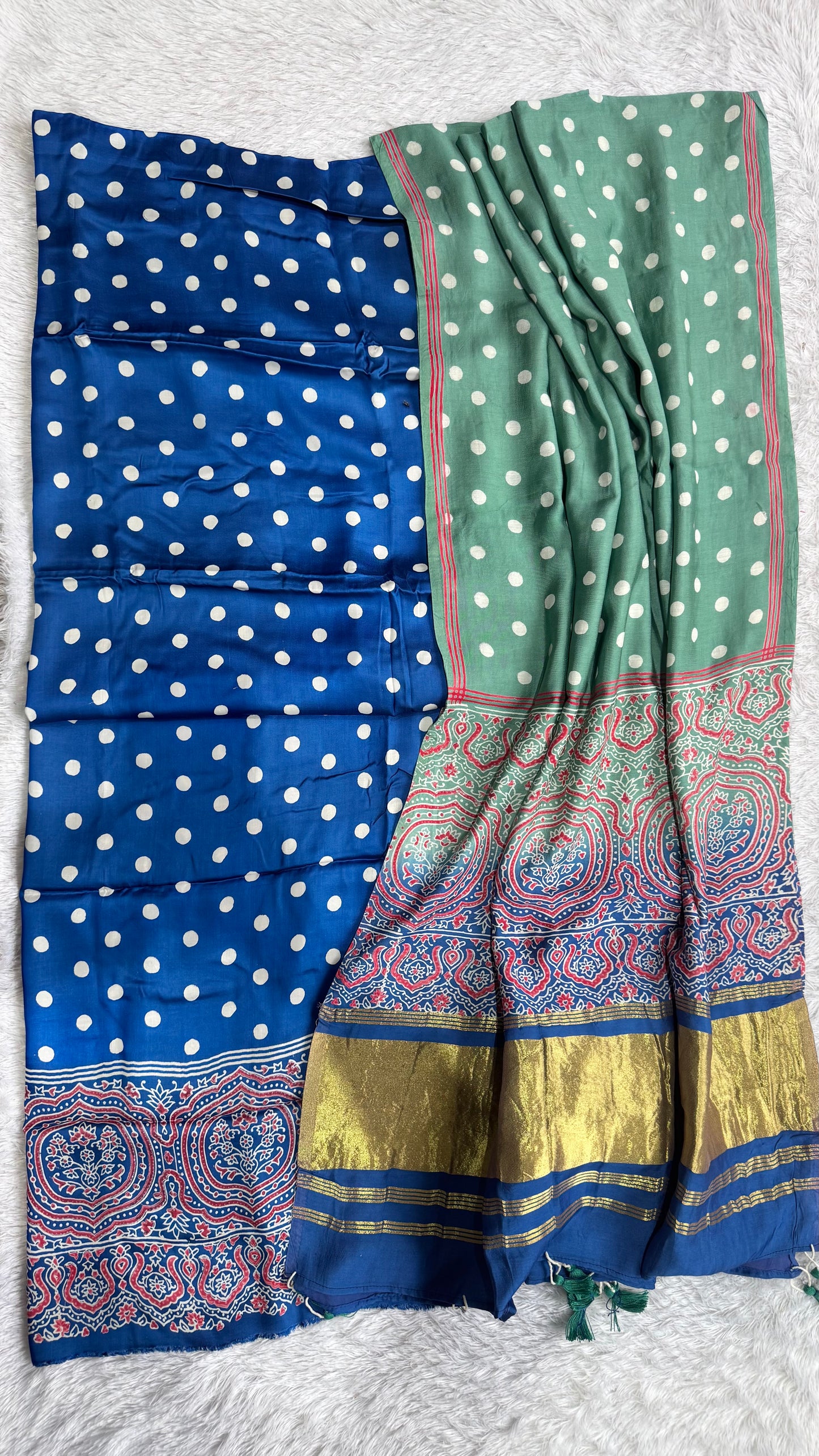 Black Badaam and Polka Buti Motif Modal Silk 2pc Suit Material Set with Modal Silk Lagdi Patti Dupatta