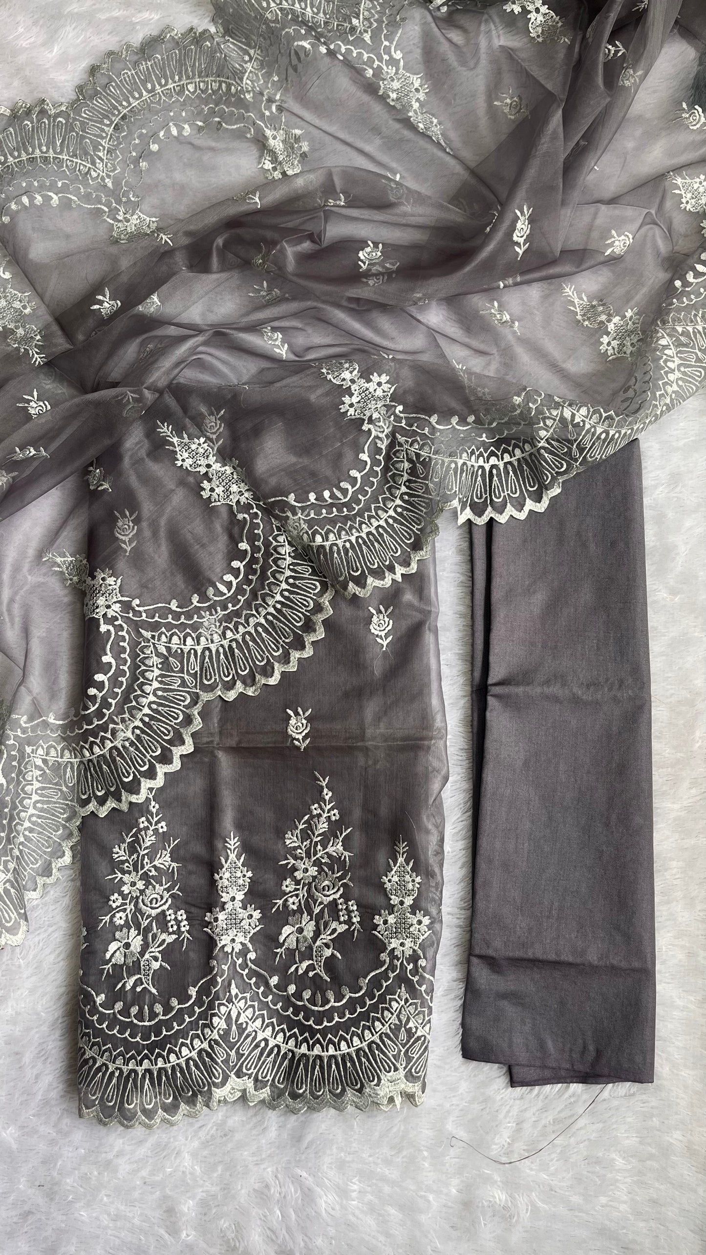 Gracious Grey Shade Banarasi Tissue Silk 3-Piece Suit with Threadwork & Organza Dupatta
