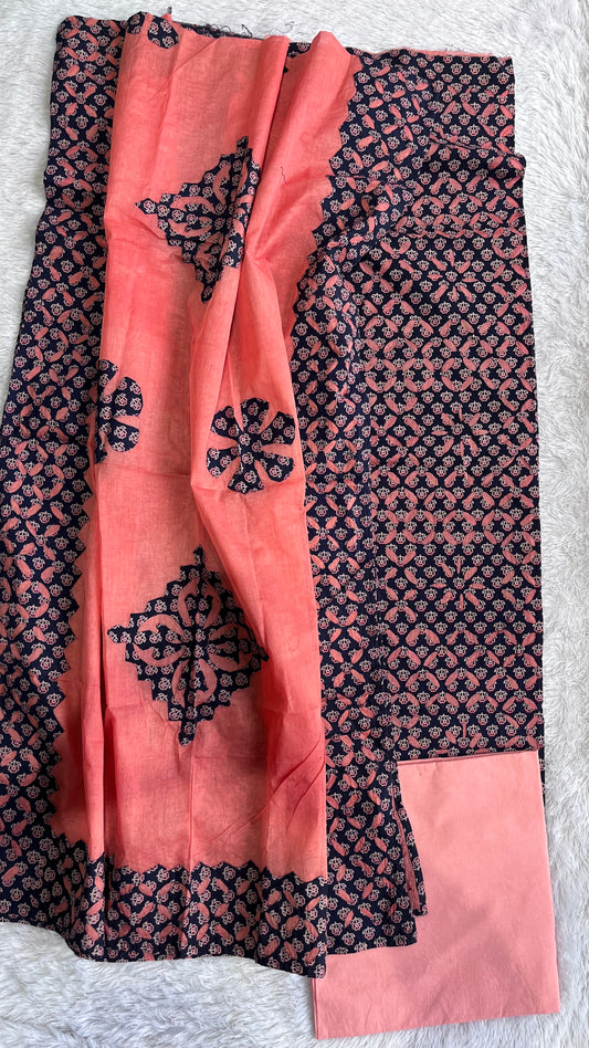 Blue and Peach Barmer Applique Cut Work Cotton 3 pc Suit Material Set