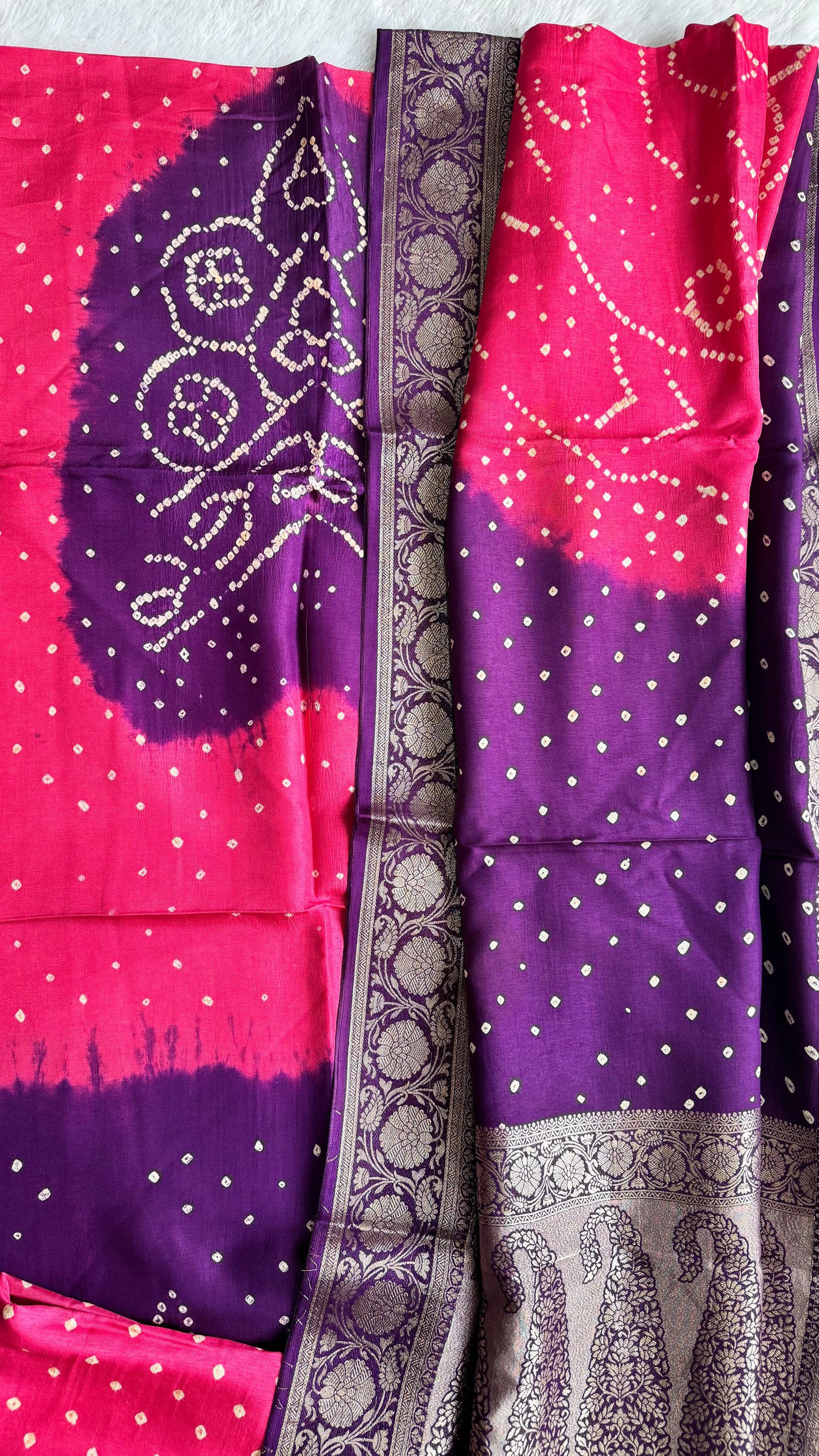 Pink and Purple Bandhej Pure Dola Silk Ajrakh Hand Block Print 3 pc Suit Material Set with Menakari Yoke and Nakkashi Dupatta and Bottom