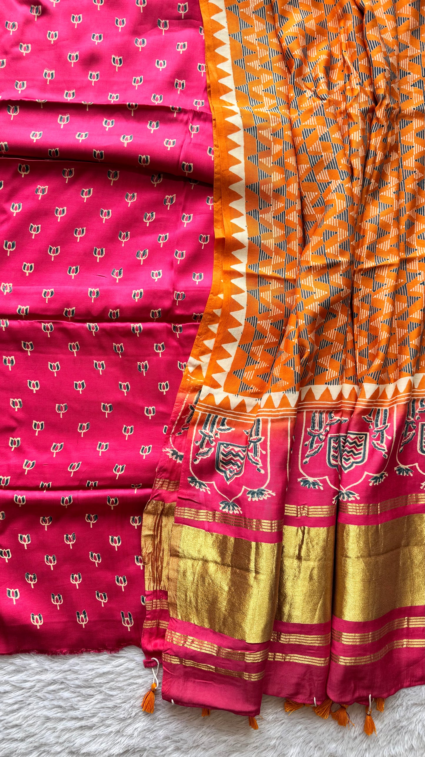 Hot Pink and Orange Buta Print Modal Silk Ajrakh Natural Dyed Hand Block Print 2pc Suit Material Set