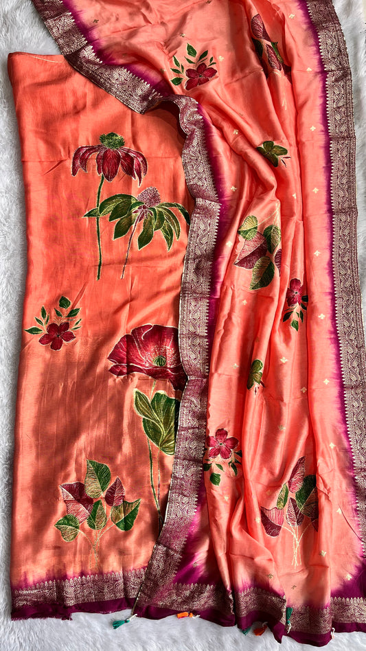 Peach me not Dola Silk Hand Brush Print 2pc Suit Material Set with Zari Pallu and Full Finish with Tassels