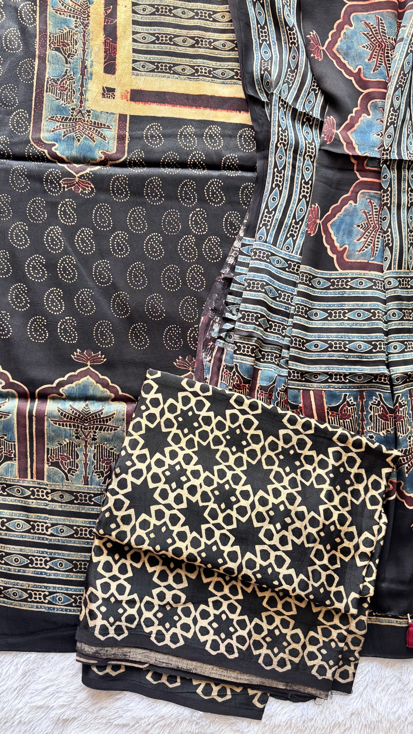 Black Jharokha Motif Ajrakh Hand Block Print Mashru Silk 3 pc Suit Material with Modal Silk Dupatta