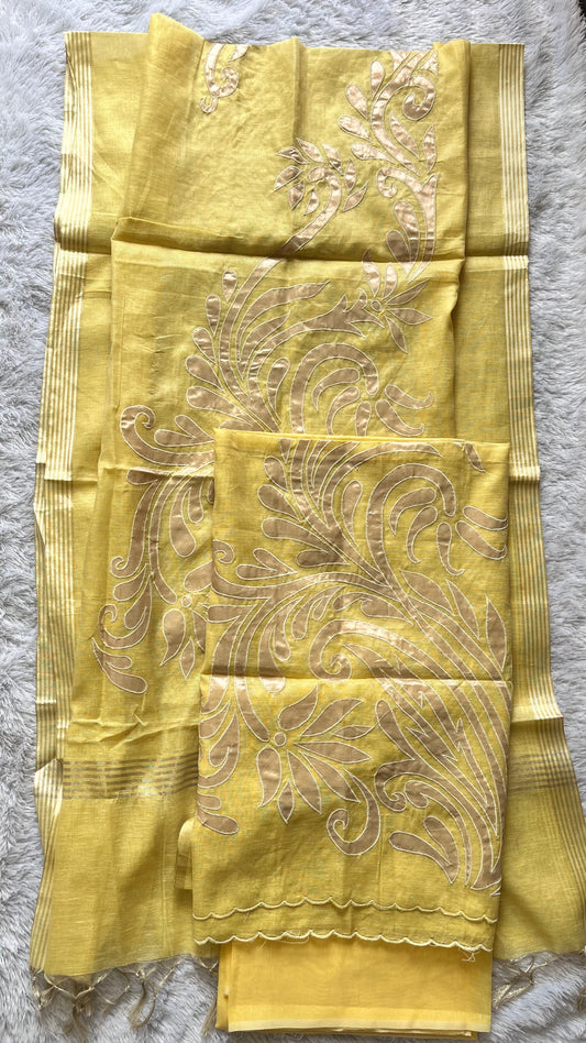 Lemon Yellow Shade Banarasi Tissue Linen 3-Piece Suit with All over Applique Work on Daman and Dupatta