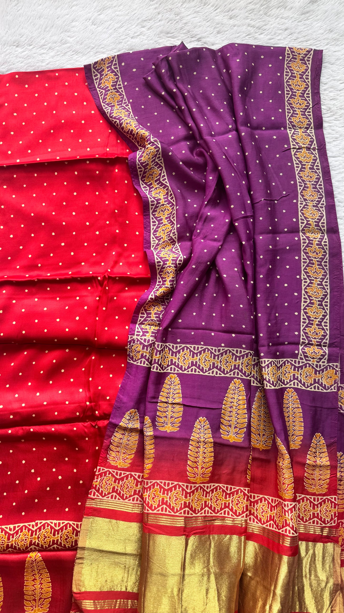 Red and Purple Buta Motif Modal Silk Hand Block Print 2pc Suit Material Set with Lagdi Patti Dupatta