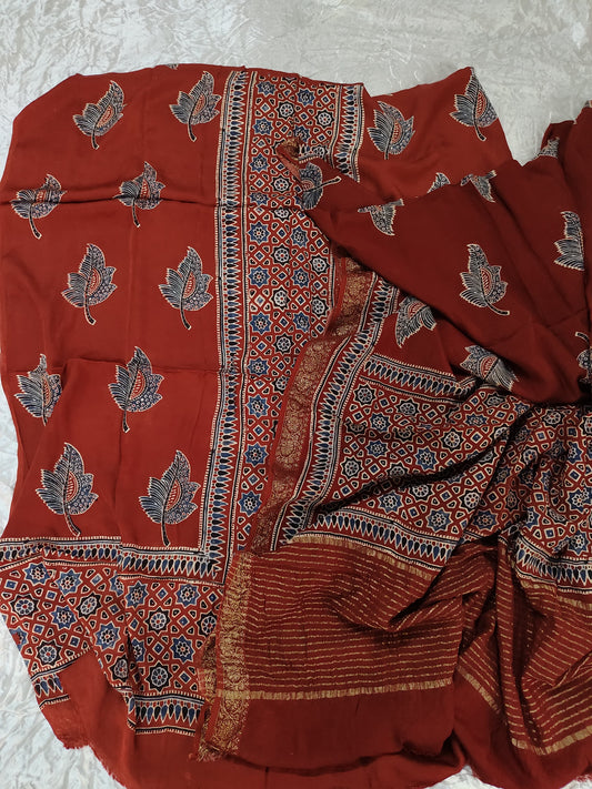 Maddar Red Maple Motif Modal Silk Ajrakh Natural Dyed Hand Block Print 2pc Suit Material Set with Dola Silk Dupatta
