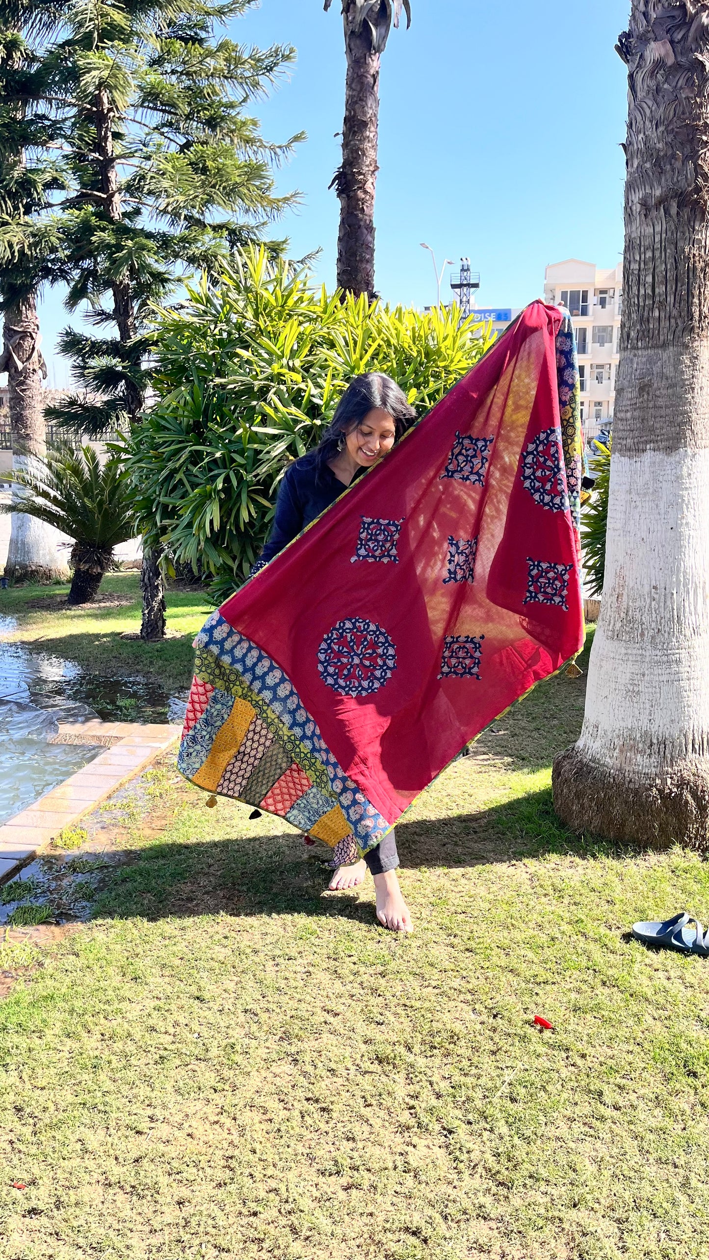 Maroon Ajrakh Applique Patchwork Cotton Dupatta