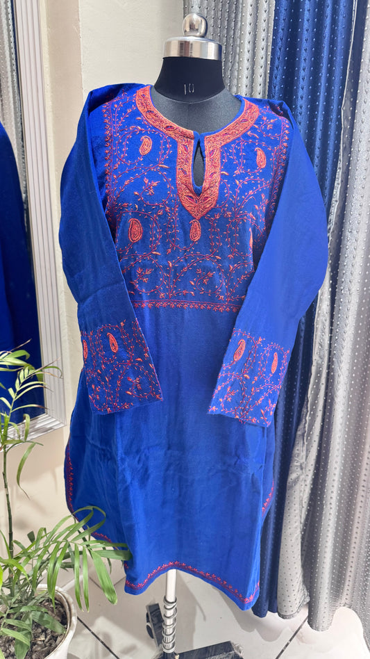 Ink Blue Hand Embroidered Pure Marino Wool Kashmiri Pheran with Pockets and Hand Embroidered Sleeves (Size 54”)