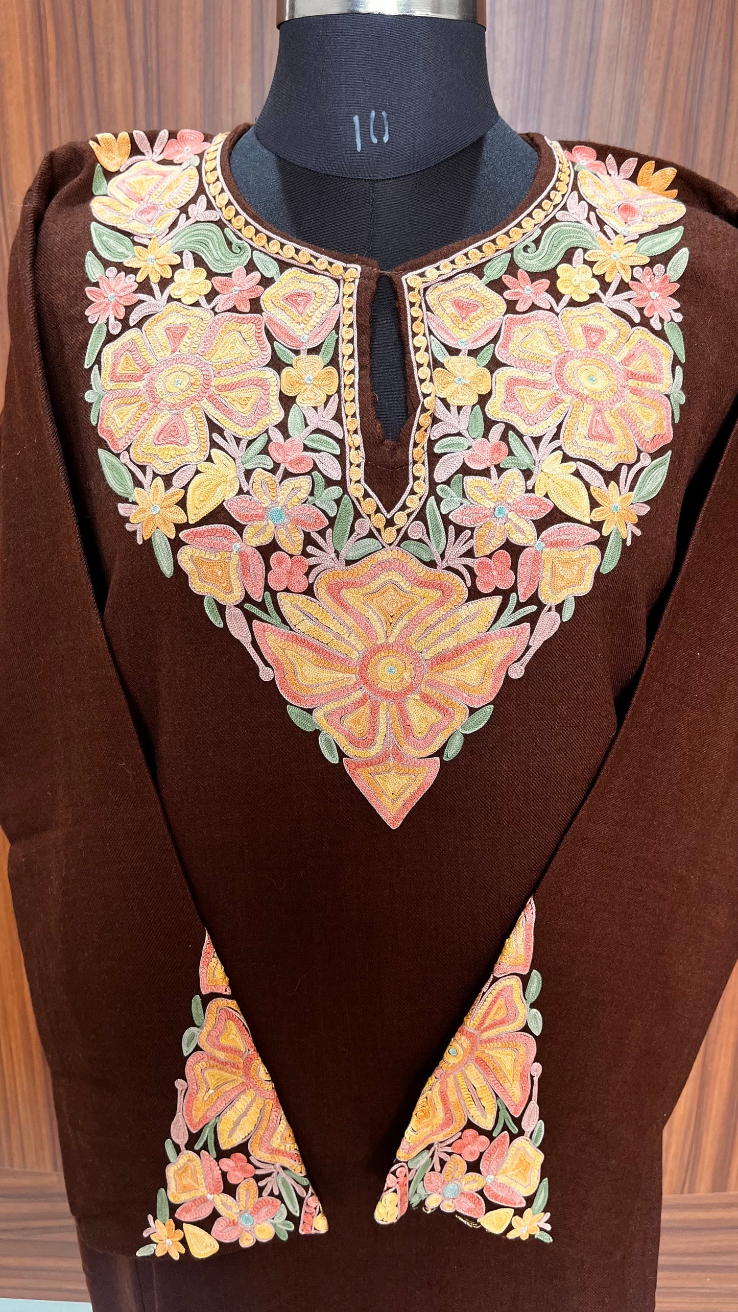 Dark Brown Aari Hand Embroidered Pure Marino Wool Pheran with Pockets