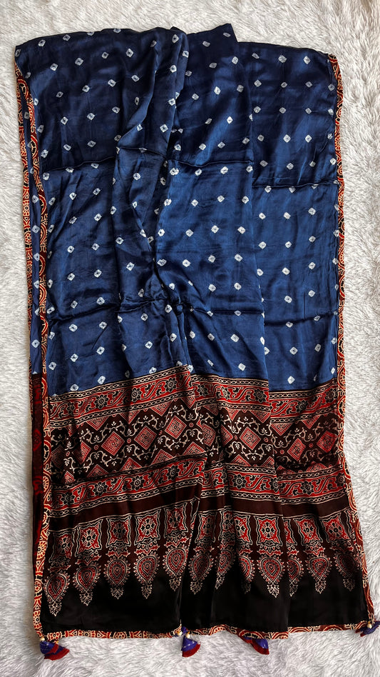 Ink Blue and Maroon Bandhej Print Modal Silk Applique Dupatta with Tassels