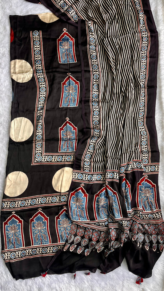 Black Jharokha and Circle Buta Print Modal Silk Ajrakh Natural Dyed Hand Block Print 2pc Suit Material Set