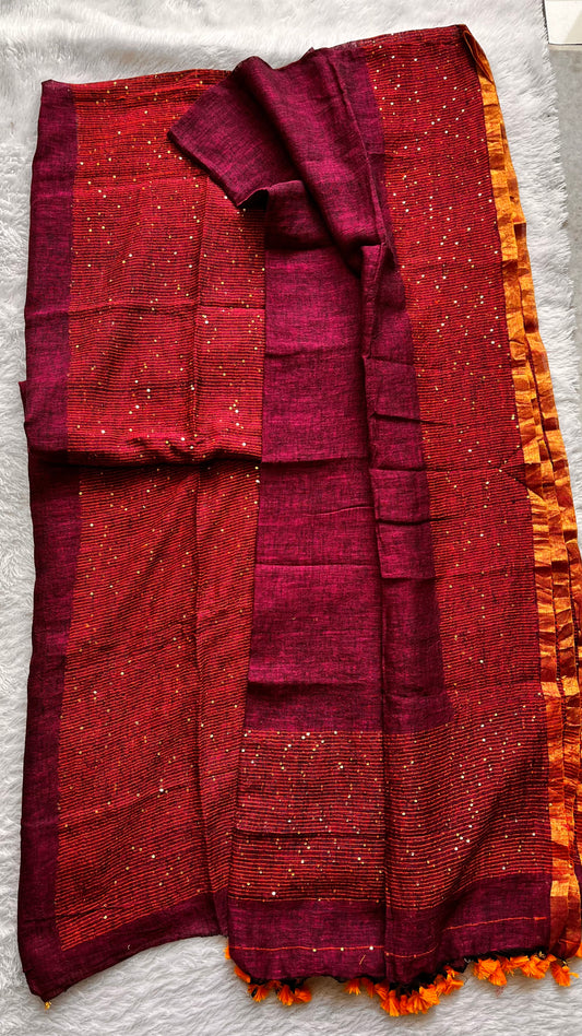 Dark Burnt Orange Pure Linen on Linen Hand Woven Suit Set with Sequins Work and Tassels